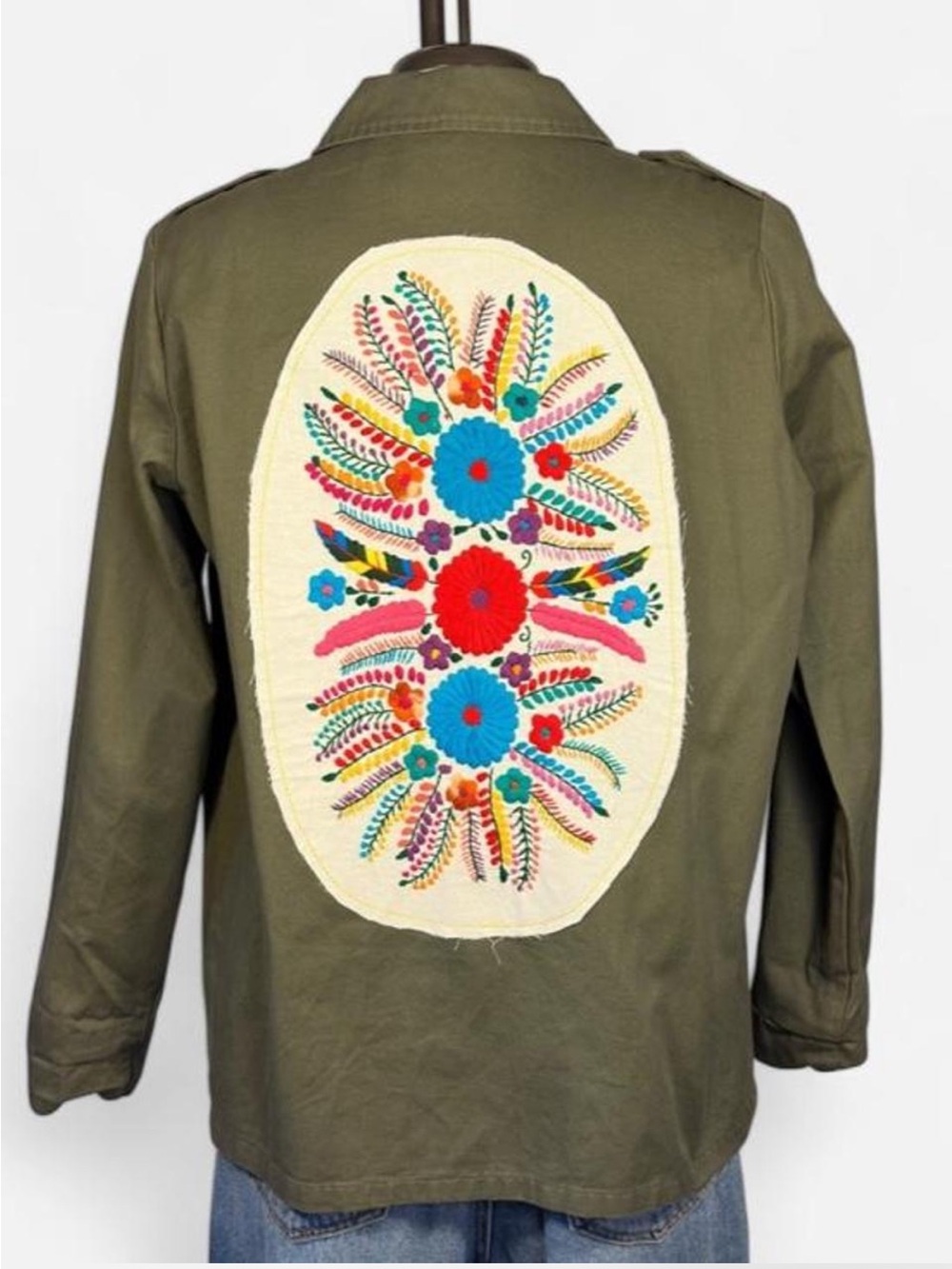 Boho Jane Embroidered Military-Style Jacket Olive Green Utility Cotton Large